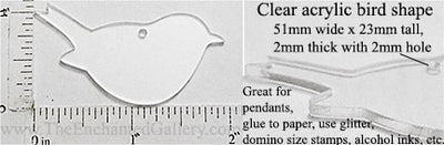 Laser Cut Acrylic Clear 51mm x 23mm Bird Charm with Hole 2 Pack