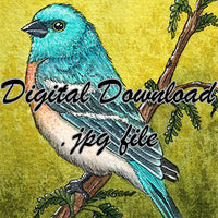  Digital File - Lazuli Bunting Bird ATC Watercolor Painting Animal Art Printable JPG Download 