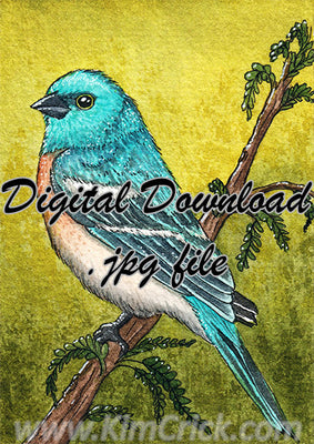  Digital File - Lazuli Bunting Bird ATC Watercolor Painting Animal Art Printable JPG Download 