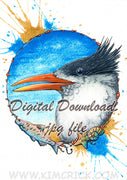 Digital File - Greater Crested Tern Shore Bird Manganese Blue Watercolor Painting Printable Artwork