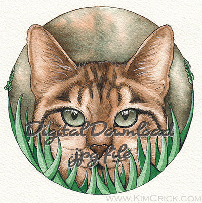  Digital File - Cat in Grass Kitty Watercolor Painting Artwork Printable Instant Download 