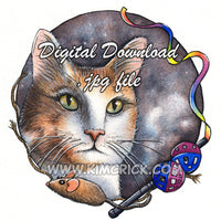 Digital File - Calico Cat Pet Toys Watercolor Painting Colorful Kitty Printable Nursery Animal Art