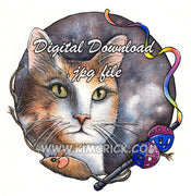 Digital File - Calico Cat Pet Toys Watercolor Painting Colorful Kitty Printable Nursery Animal Art