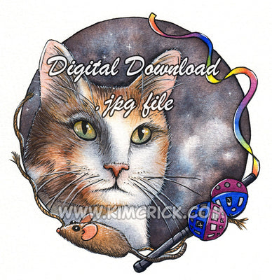 Digital File - Calico Cat Pet Toys Watercolor Painting Colorful Kitty Printable Nursery Animal Art