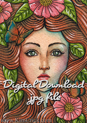  Digital File - Butterfly Lady Portrait Watercolor Painting Artwork Printable Art Download 