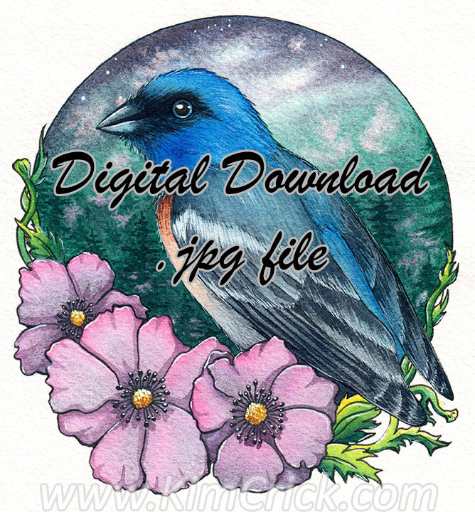  Digital File - Lazuli Bunting Male Blue Bird Flowers Forest Night Sky Isaro Watercolor Printable 