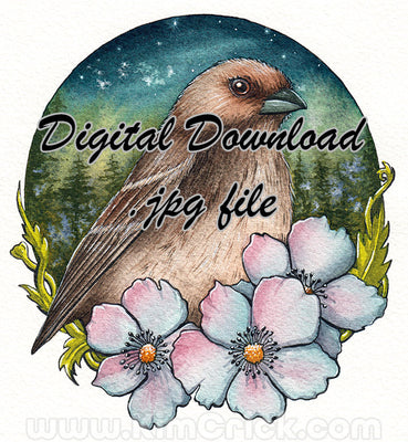 Digital File - Lazuli Bunting Female Brown Bird Flowers Forest Night Sky A Gallo Watercolor Printable