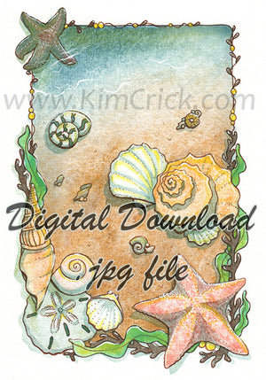  Digital File - Sea Shell Beach Scene Schmincke Desert Volcano Shire Granulating Watercolor Painting Printable Download