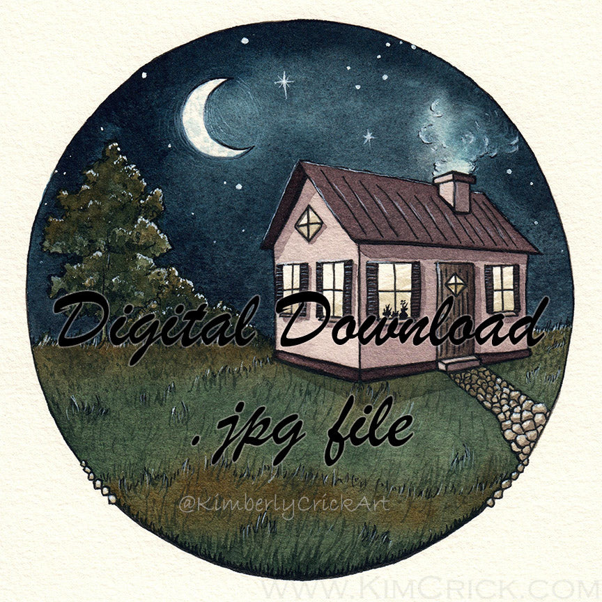  Digital File - House at Night Moonlit Home Landscape Printable Paul Rubens Watercolor Painting Instant Download 