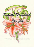 Digital File - Lilies Salmon Star Lily Botanical Animal Green Snake Mission Gold Watercolor Painting High Res Image Download