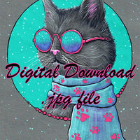 Digital File - Stylish Cat Sunglasses Scarf Fashion Kitty Colorful ShinHan Gouache Painting Printable Download