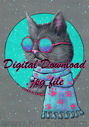 Digital File - Stylish Cat Sunglasses Scarf Fashion Kitty Colorful ShinHan Gouache Painting Printable Download