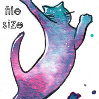 Digital File - Fountain Pen Ink Bottle Cat Puddle Ecoline Cobalt Teal Watercolor Painting Art Printable Download
