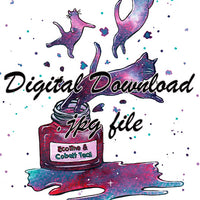 Digital File - Fountain Pen Ink Bottle Cat Puddle Ecoline Cobalt Teal Watercolor Painting Art Printable Download
