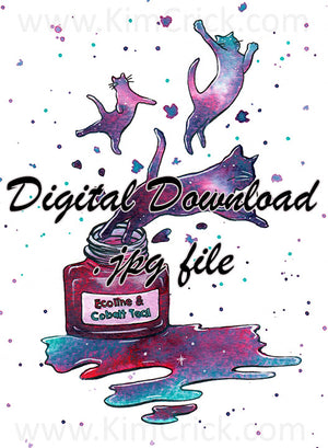 Digital File - Fountain Pen Ink Bottle Cat Puddle Ecoline Cobalt Teal Watercolor Painting Art Printable Download