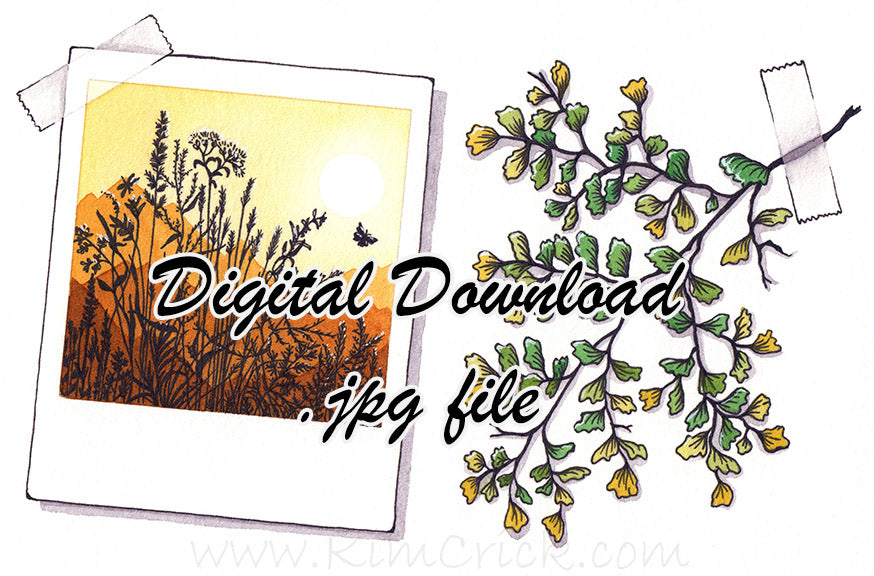  Digital File - Nature Journal Sketchbook Page Layout Polaroid Picture Sunset Silhouette Fern Watercolor Painting Download 