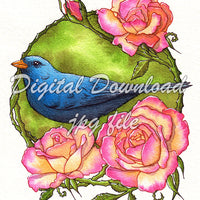 Digital File - Blue Finch Bird Watercolor Painting Rose Flower Botanical Printable Art Download
