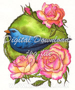 Digital File - Blue Finch Bird Watercolor Painting Rose Flower Botanical Printable Art Download