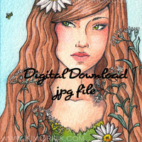 Digital File -  Daisy Lady and Bee Watercolor Painting High Res Scan Printable Download