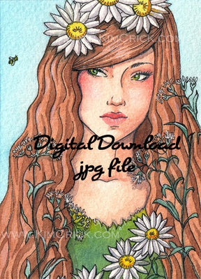Digital File -  Daisy Lady and Bee Watercolor Painting High Res Scan Printable Download