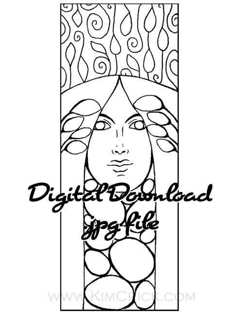 Digital File - Art Nouveau Lady Decor Bookmark Panel Line Drawing Digi-Stamp Coloring Book Page Download