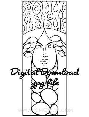 Digital File - Art Nouveau Lady Decor Bookmark Panel Line Drawing Digi-Stamp Coloring Book Page Download