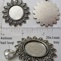 20mm Round Circle Pendant Tray with Dotted Petals Bail Style Antique Silver