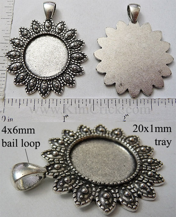 20mm Round Circle Pendant Tray with Dotted Petals Bail Style Antique Silver