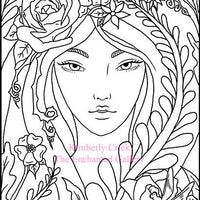 Adult coloring book clip art fairy nature flower dragonfly rose girl woman art nouveau commercial use