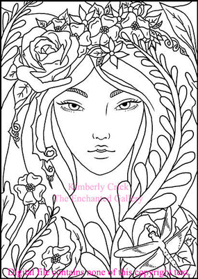 Adult coloring book clip art fairy nature flower dragonfly rose girl woman art nouveau commercial use