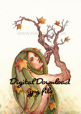 Digital File - Greek Dryad Tree Spirit Watercolor Artwork Color Painting Clip Art Printable Download