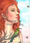 Digital File - Rainbow Bee Eater Bird Lady Watercolor Painting High Res Scan Printable Download
