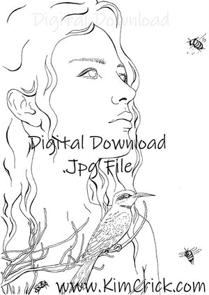 Digital File - Rainbow Bee Eater Bird Lady Line Drawing Digi Stamp Printable Download