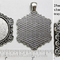 25mm Circle Pendant Tray Hexagon Snowflake Heartscroll Border Antiqued Silver (Select Optional Insert)