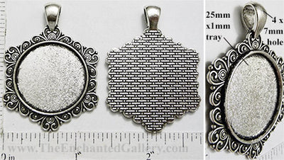 25mm Circle Pendant Tray Hexagon Snowflake Heartscroll Border Antiqued Silver (Select Optional Insert)