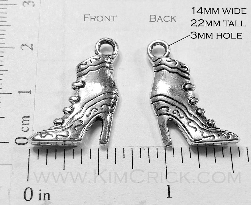 Reversible Victorian High Heel Boot Charms Silvertone Bead Art Doll Feet Shoes DIY (6 pieces)