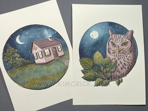 KC PAINTING - Paul Rubens watercolor owl and house
