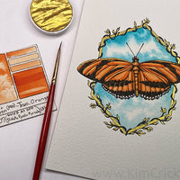 Original Art - Watercolor Painting Orange Banded Butterfly Coliro Gold Mica Border (4x6 Not a Print)