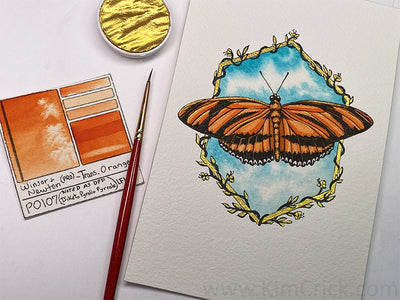 Original Art - Watercolor Painting Orange Banded Butterfly Coliro Gold Mica Border (4x6 Not a Print)