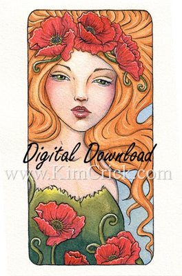 Digital File - Art Nouveau Poppy Flower Lady Watercolor Artwork Color Painting Clip Art Download