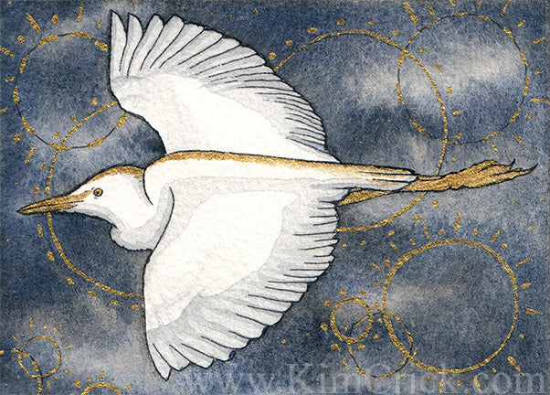  Original Art Watercolor Painting Decorative Gold Cattle Egret 