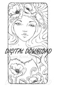 Digital File - Art Nouveau Poppy Flower Lady Artwork Ink Line Drawing Clip Art Download