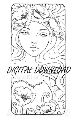 Digital File - Art Nouveau Poppy Flower Lady Artwork Ink Line Drawing Clip Art Download