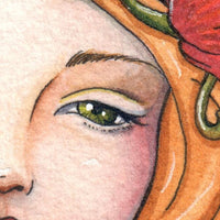 Original Art Watercolor Painting Art Nouveau Poppy Lady Portrait (4" x 6" Not a Print)