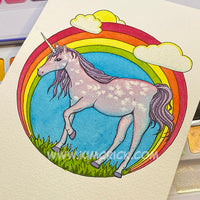 Kimberly Crick original painting for sale watercolor unicorn rainbow