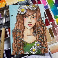 Original Art Watercolor Painting Lady with Flower and Bee Portrait
