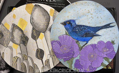 Original Art - Stylized Bird Floral Watercolor Painting and Mica with Willow Charcoal Drawing Pair
