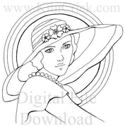 Digital File - Elegant Woman In Hat Vintage Lady Line Drawing Artwork Clip Art Download