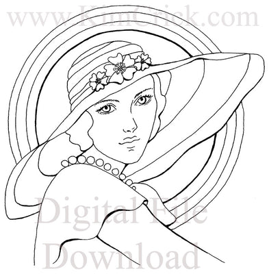 Digital File - Elegant Woman In Hat Vintage Lady Line Drawing Artwork Clip Art Download