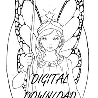 Digital File - Star Fairy Girl Magical Line Drawing Digi Stamp Printable Clip Art Download